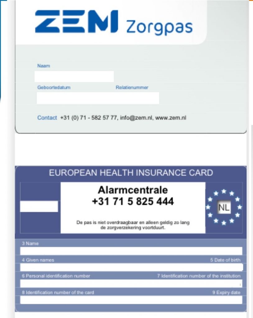 Tarjeta del Seguro de Salud para Países Bajos